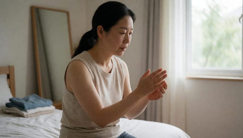 여성이 침실에서 자연광 아래 겨드랑이 피부 상태를 손으로 확인하는 모습