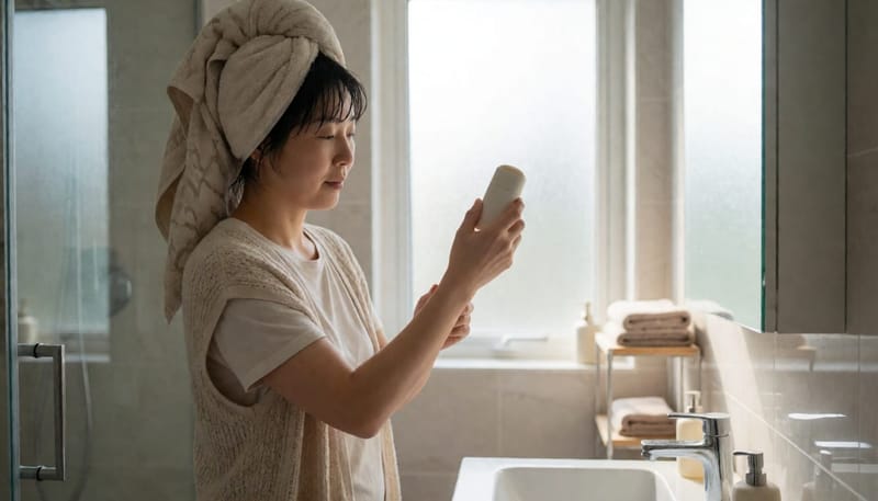 여성이 샤워 후 밝은 욕실에서 데오드란트를 바르며 위생 관리를 하는 모습
