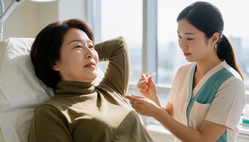 피부과에서 보툴리눔 톡신 시술을 받는 모습