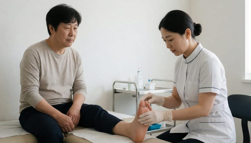 간호사가 환자의 발과 발목 주변 피부 상태를 함께 확인하는 모습