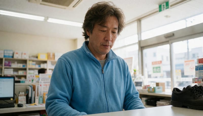 오래 서서 일하는 중 발의 불편함을 느끼는 모습