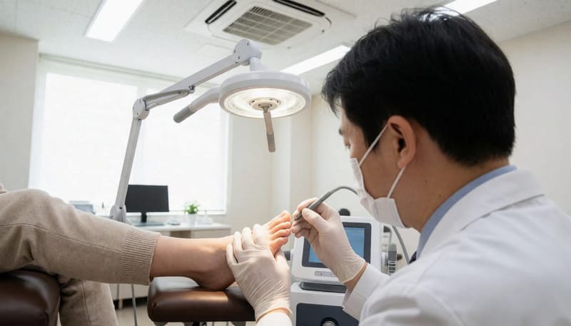 발톱 상태를 확인하는 진료 장면