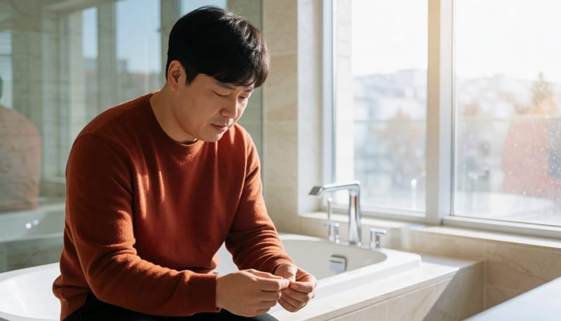 발톱 색 변화를 발견하고 살펴보는 모습