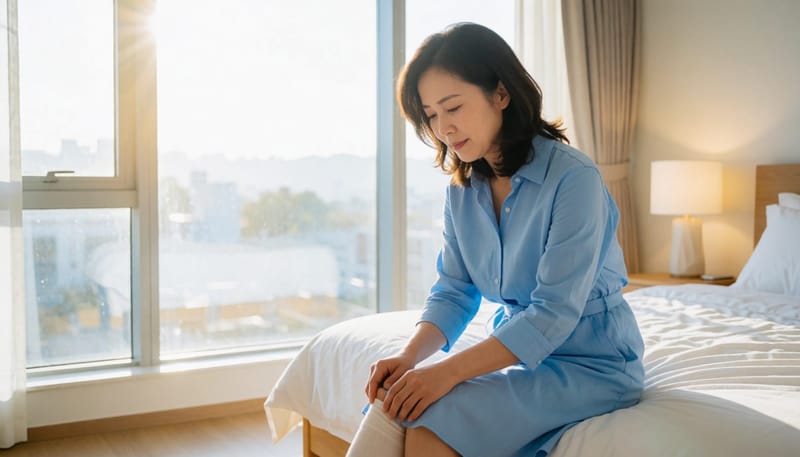 퇴근 후 양말을 벗다가 발톱 변화를 발견하는 모습