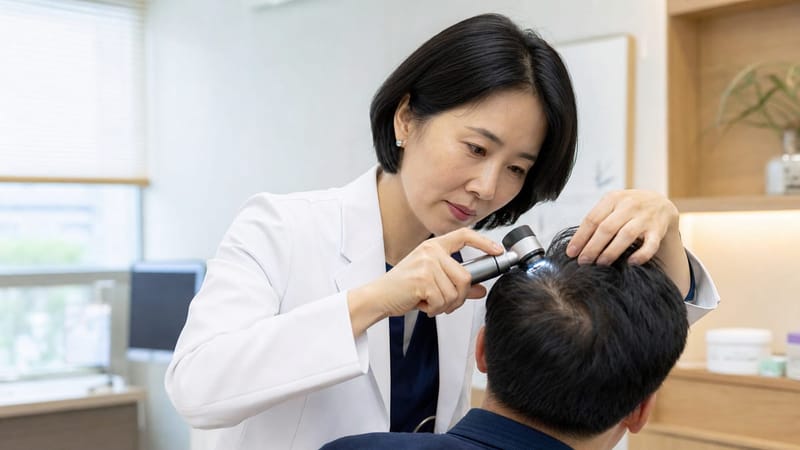 탈모 상담 초기에는 두피 상태 확인과 함께 갑상선·철분 수치를 살펴보는 혈액검사를 권하기도 합니다.