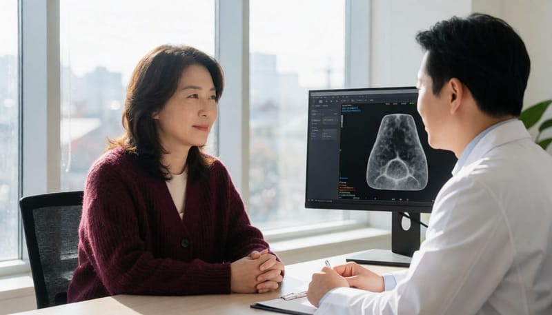 검사 결과를 두고 약물치료와 모발이식 중 방향을 논의하는 상담 장면