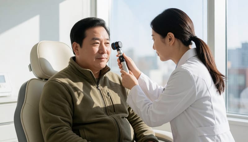 진료실에서 두피 상태를 확인하는 상담 장면