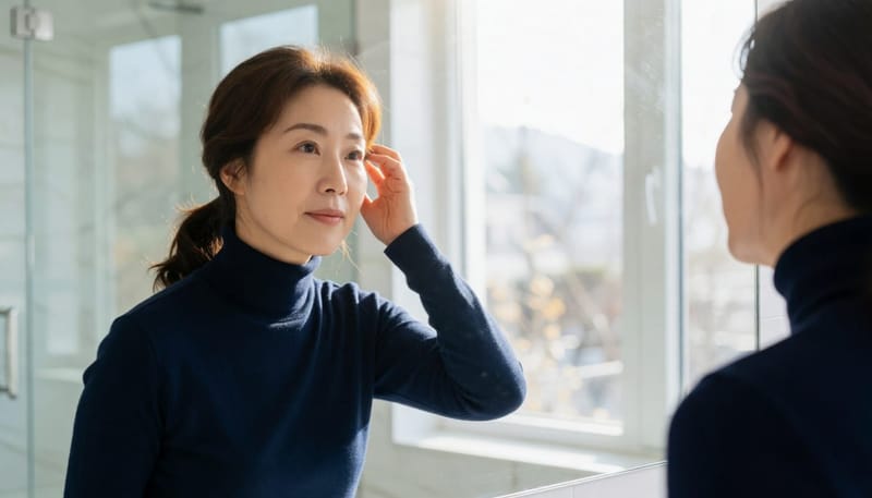 가르마 부분이 넓어진 모습을 확인하는 모습