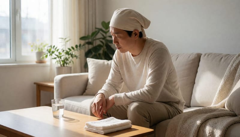 시술 후 집에서 모자를 쓰고 휴식을 취하는 남성의 회복 모습