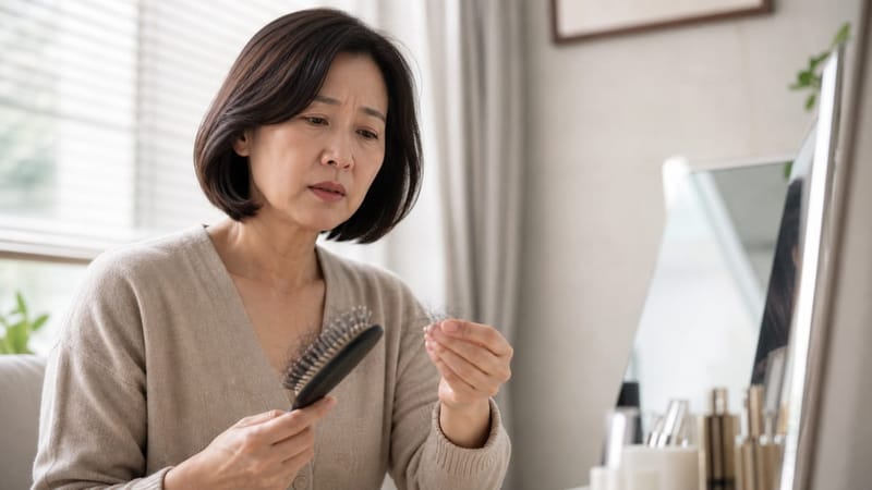 빗질 후 빠진 머리카락을 확인하는 모습