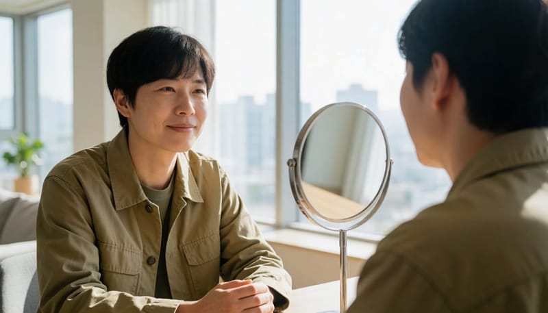 모발이식 후 두피 회복 과정을 확인하는 모습
