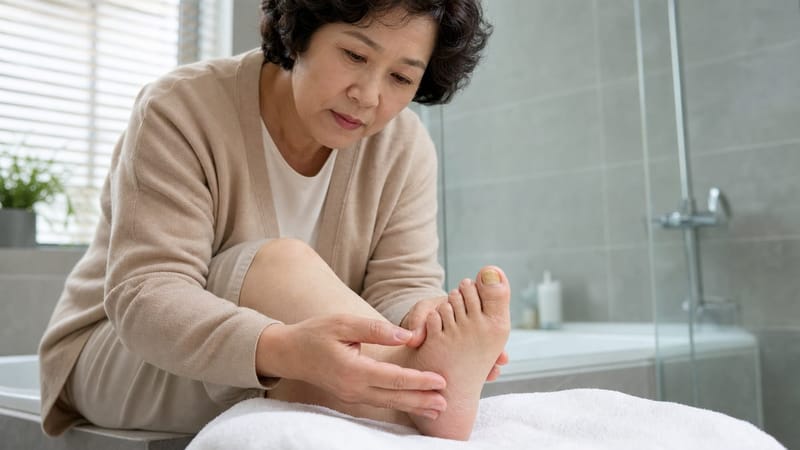 발톱 끝의 색 변화와 두께 변화를 살펴보는 모습을 표현한 이미지입니다.