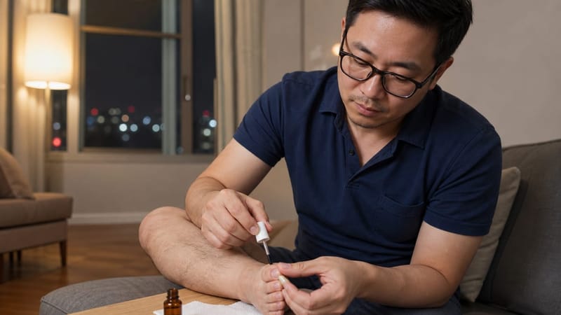 국소 항진균제를 발톱에 도포하는 관리 모습을 표현한 이미지입니다.