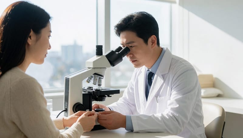 현미경으로 KOH 검사 결과를 확인하는 과정