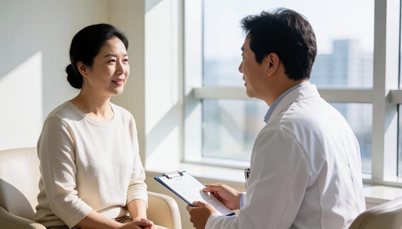 진료실에서 국소제와 먹는 약 중 치료 방법을 상담하는 모습
