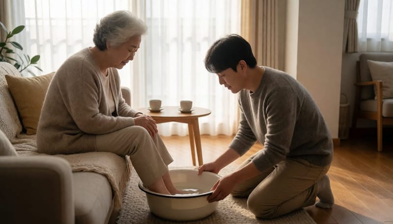 거실에서 노년 여성이 발톱 상태를 살펴보는 일상적인 모습