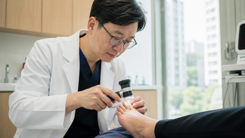 손발톱무좀 진단에는 현미경 검사와 진균배양검사가 함께 활용됩니다.