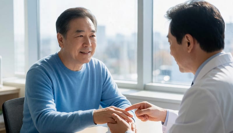 복용 중인 약과 간 기능을 확인하며 치료 방법을 상담하는 모습