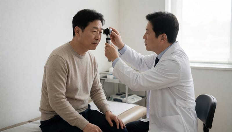 진료실에서 의사가 두피 상태를 확인하는 상담 장면