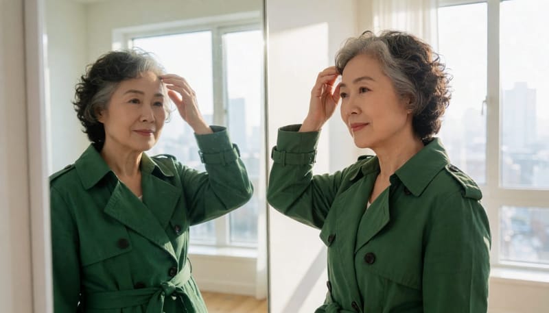집을 나서기 전 거울 앞에서 가르마를 확인하는 모습