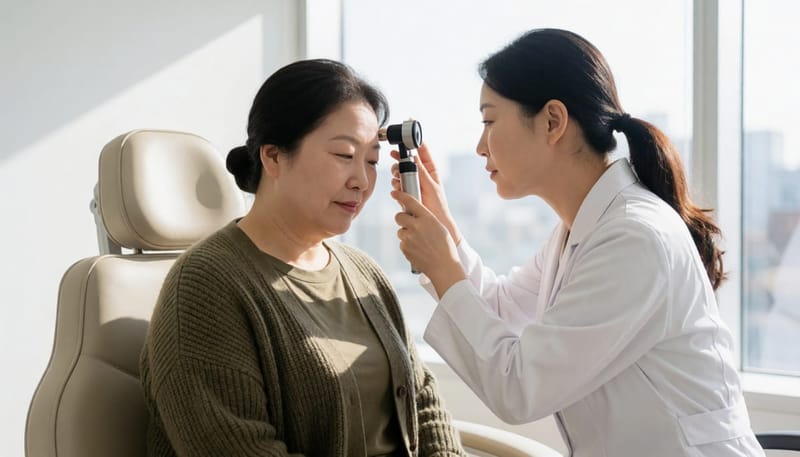 두피 현미경으로 모낭 상태를 확인하는 진료 장면