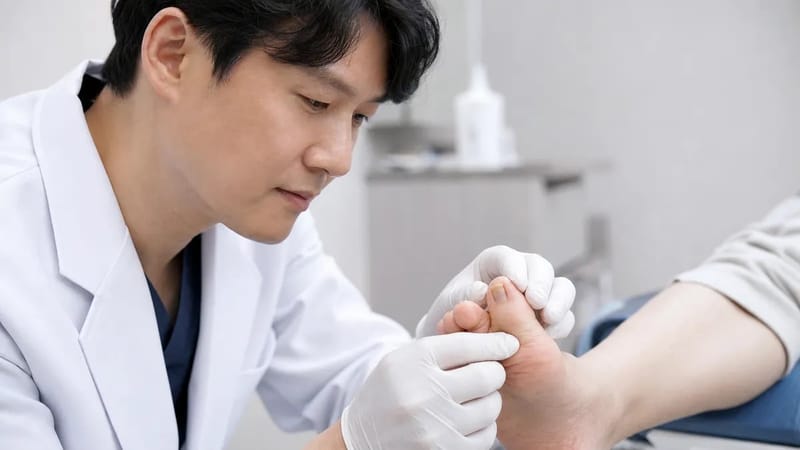 티눈은 발가락처럼 좁은 부위에 각질이 깊게 파고드는 모습으로 나타납니다.