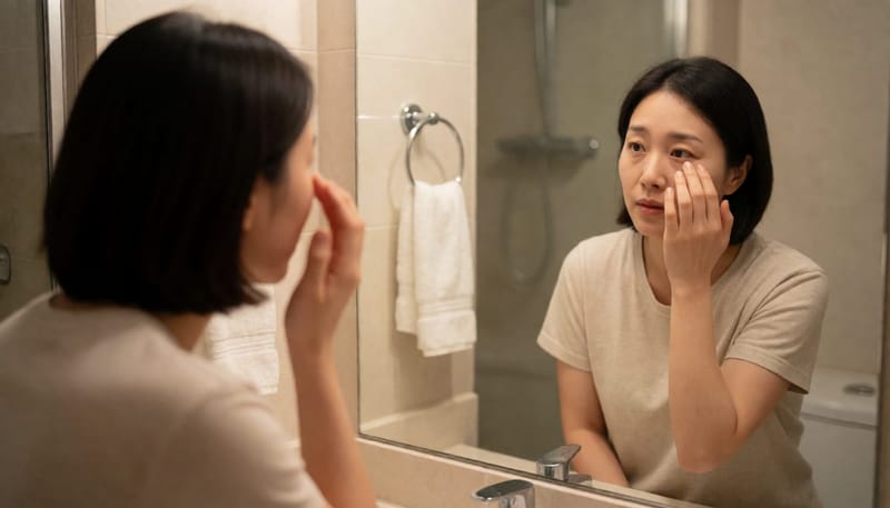 눈을 손톱으로 긁으려다 망설이는 여성의 모습