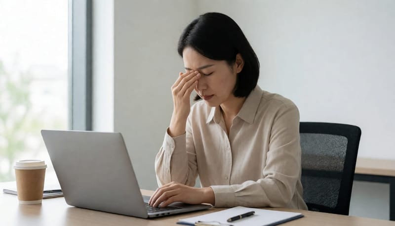 피곤한 표정으로 눈을 비비는 직장인의 사무실 모습