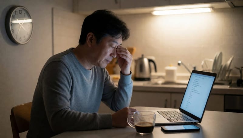 늦은 밤 노트북과 스마트폰을 보며 피곤해하는 중년 남성