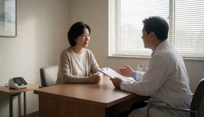 진료실에서 의사와 상담하는 여성 환자의 모습