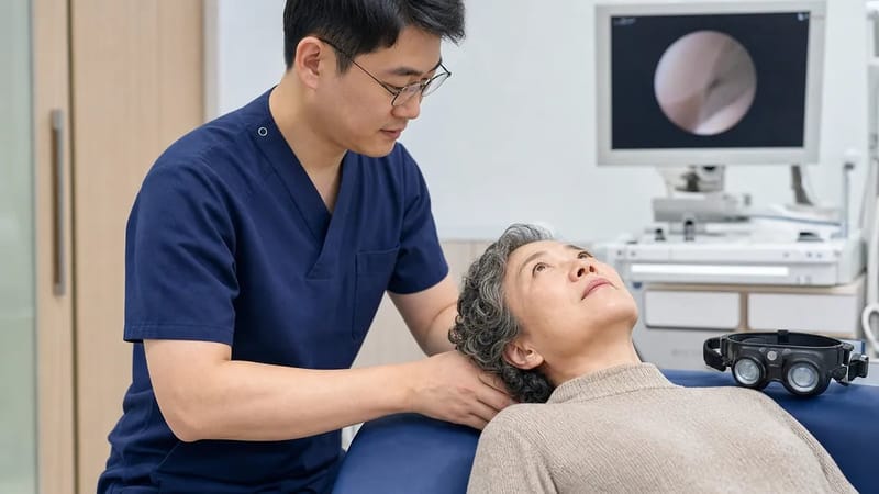 자세를 바꾼 뒤 눈의 움직임을 관찰하는 과정을 통해 이석증 여부를 확인합니다.