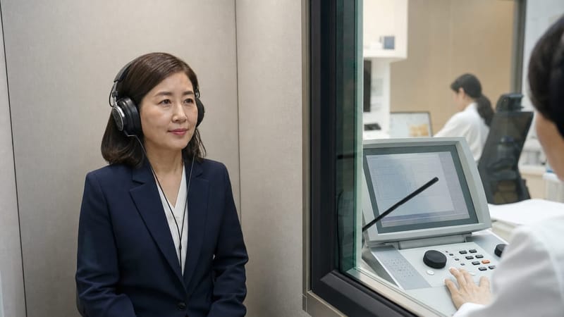 순음청력검사는 방음 부스 안에서 주파수별로 들리는 최소 소리 크기를 확인하는 방식으로 진행됩니다.