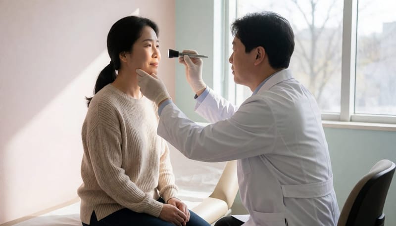 의사가 환자의 코와 목 상태를 진료실에서 살펴보는 모습