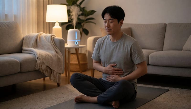 남성이 잠들기 전 거실에서 스트레칭과 호흡을 하는 모습