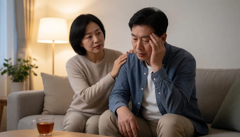거실 소파에서 아내가 피곤해하는 남편의 어깨를 걱정스레 다독이는 모습