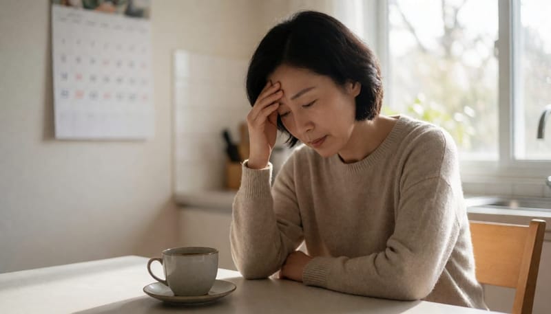 주방 식탁에서 낮 동안 극심한 피로를 느끼며 이마를 짚은 여성의 모습