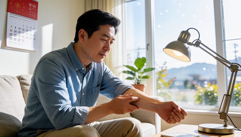 오래된 점을 불빛 아래 유심히 들여다보며 안전성을 고민하는 남성