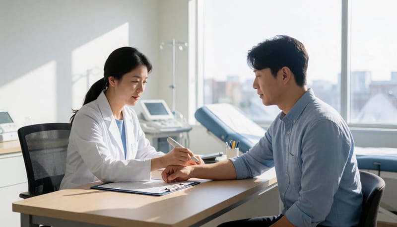 레이저 시술 전 피부과 전문의와 진단 상담을 하는 환자