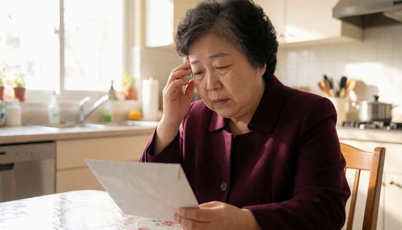 환절기에 재검 통보 편지를 받고 당황한 여성이 집 식탁에 앉아 있는 모습