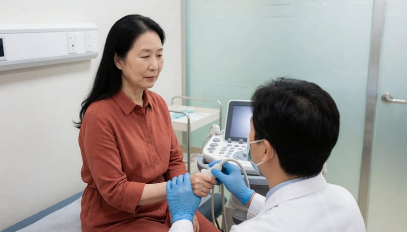정밀검사로 목 부위 초음파 검사를 받는 환자와 의료진의 손