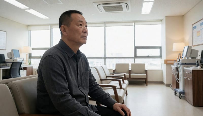 병원 자체 정밀검사를 받을지 고민하며 밝은 병원 대기실에 앉아 있는 남성