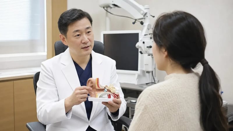 귀와 관련된 증상을 설명하는 진료 장면을 보여줍니다.