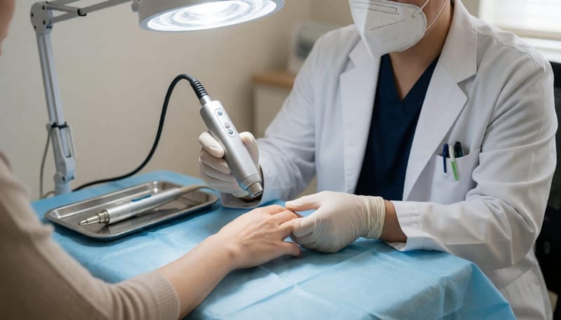 냉동요법 기구와 전기수술 펜을 함께 보여주는 시술 준비 장면