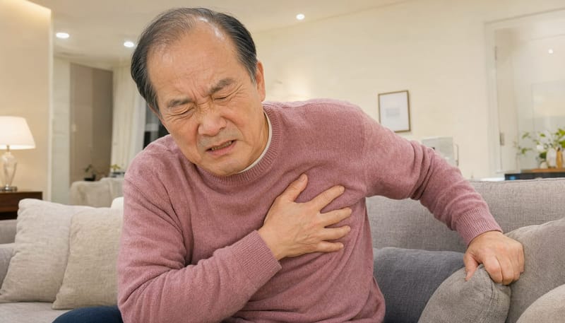 가슴을 움켜쥐며 등까지 찢어지는 듯한 통증을 호소하는 70대 남성