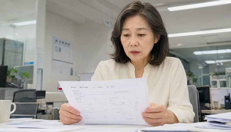 입사 전 건강검진 문진을 보며 고민하는 70대 여성