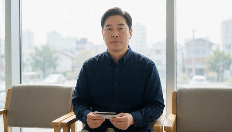 건강보험 적용 여부를 확인하기 위해 대기실에서 서류를 들고 있는 남성