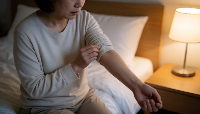 밤에 팔에 번진 물집 발진을 걱정스럽게 살펴보는 여성