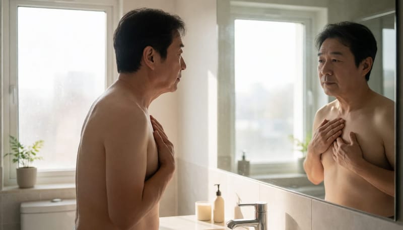 거울 앞에서 온몸에 퍼진 물집 발진을 확인하는 중년 남성