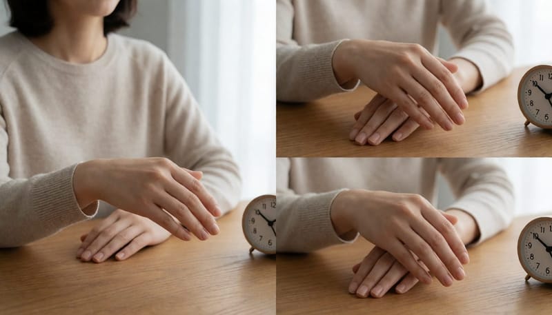 시간 경과에 따라 변화하는 물집의 진행 단계를 보여주는 손 클로즈업