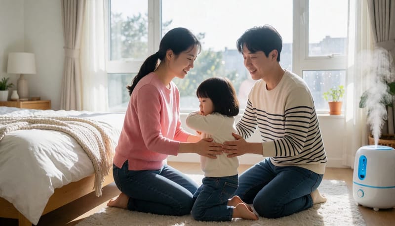 기침하는 아이를 돌보는 엄마의 모습
